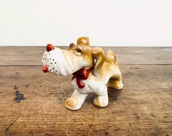 Vintage Mid Century Japan Dog Figurine / Anthropomorphic Pet Statue with Red Bow and Tongue