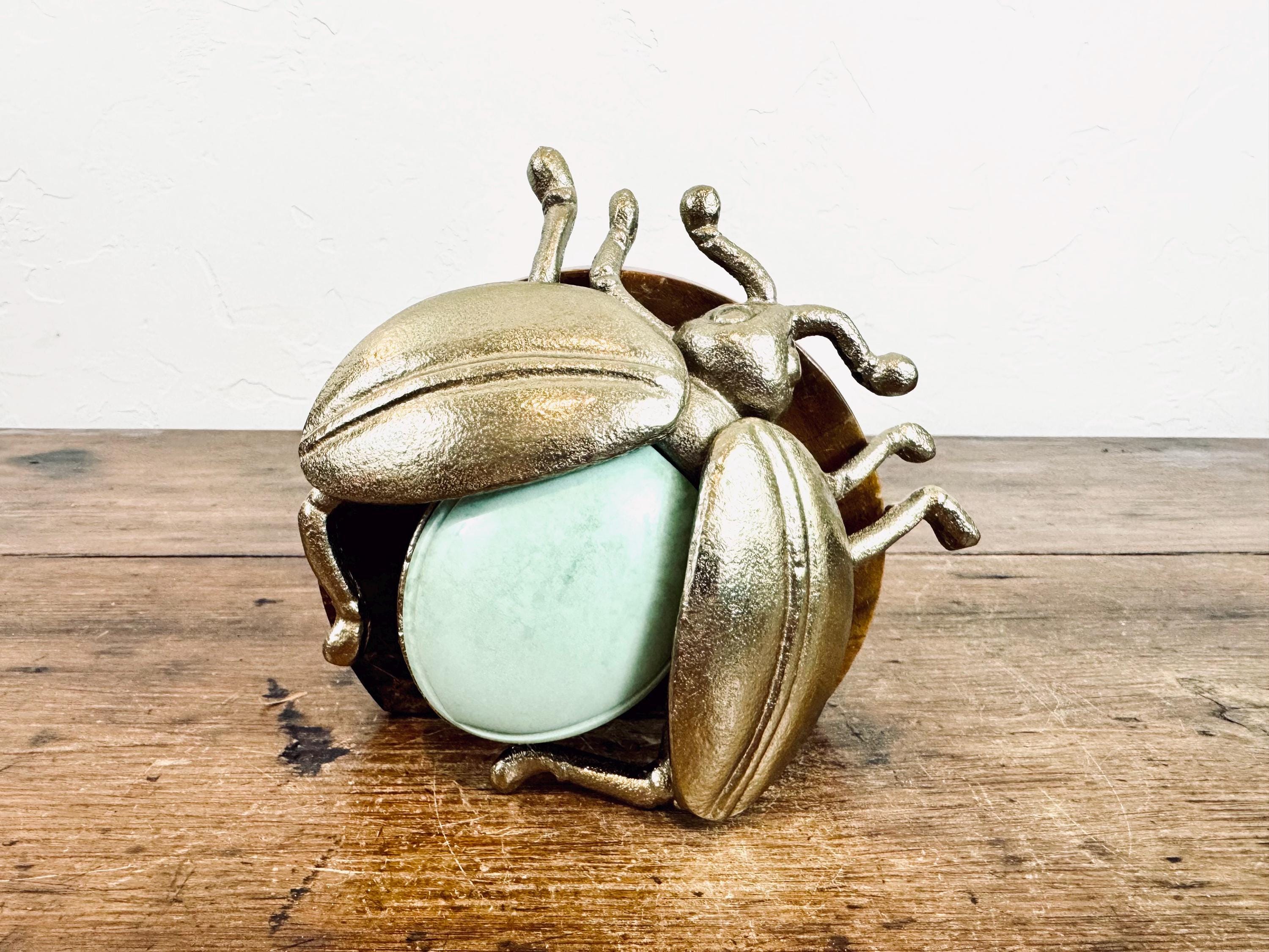 Vintage Gold Scarab Beetle Ladybug Paperweight / Jade Inlay Metal Bug Office Desk Decor