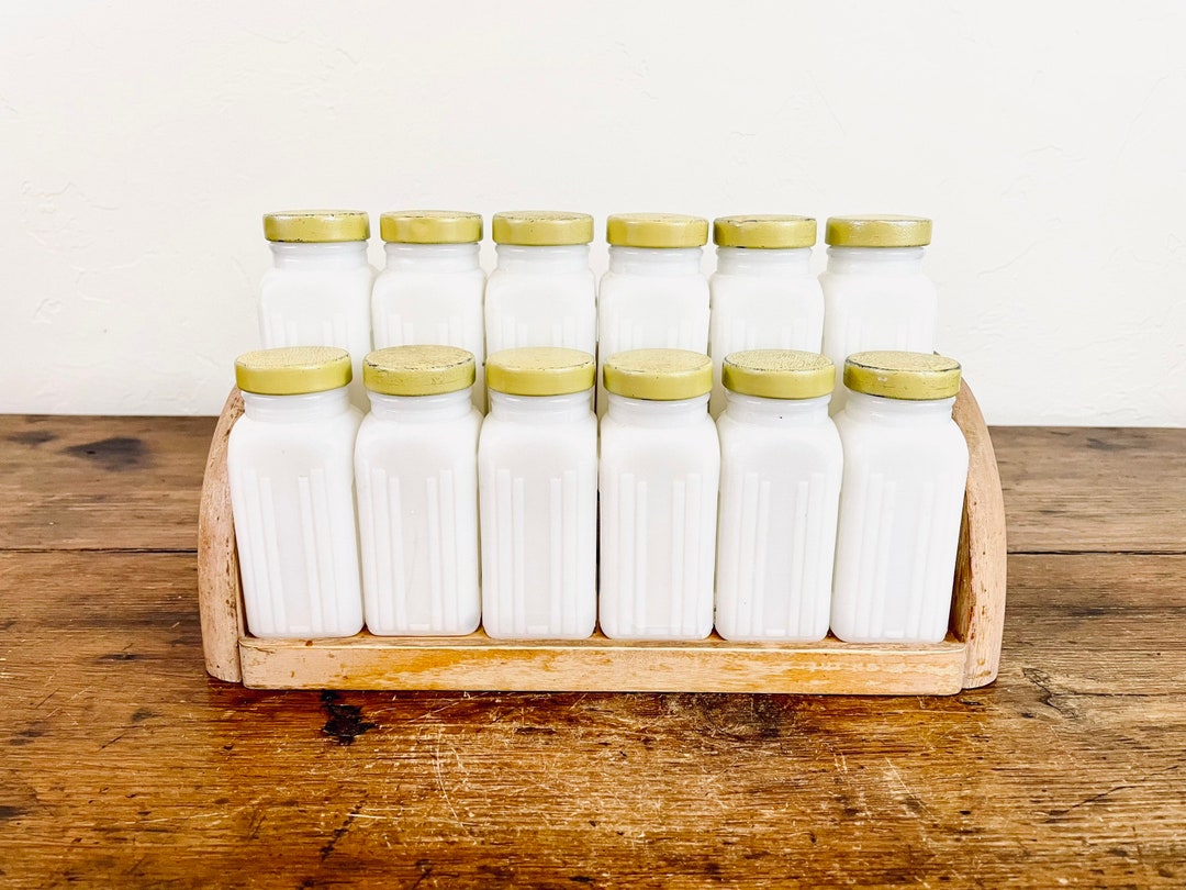 Vintage Wooden 2-Tier Spice Rack With 6 Milk Glass Spice Jars 10 1/2 H x  7 W