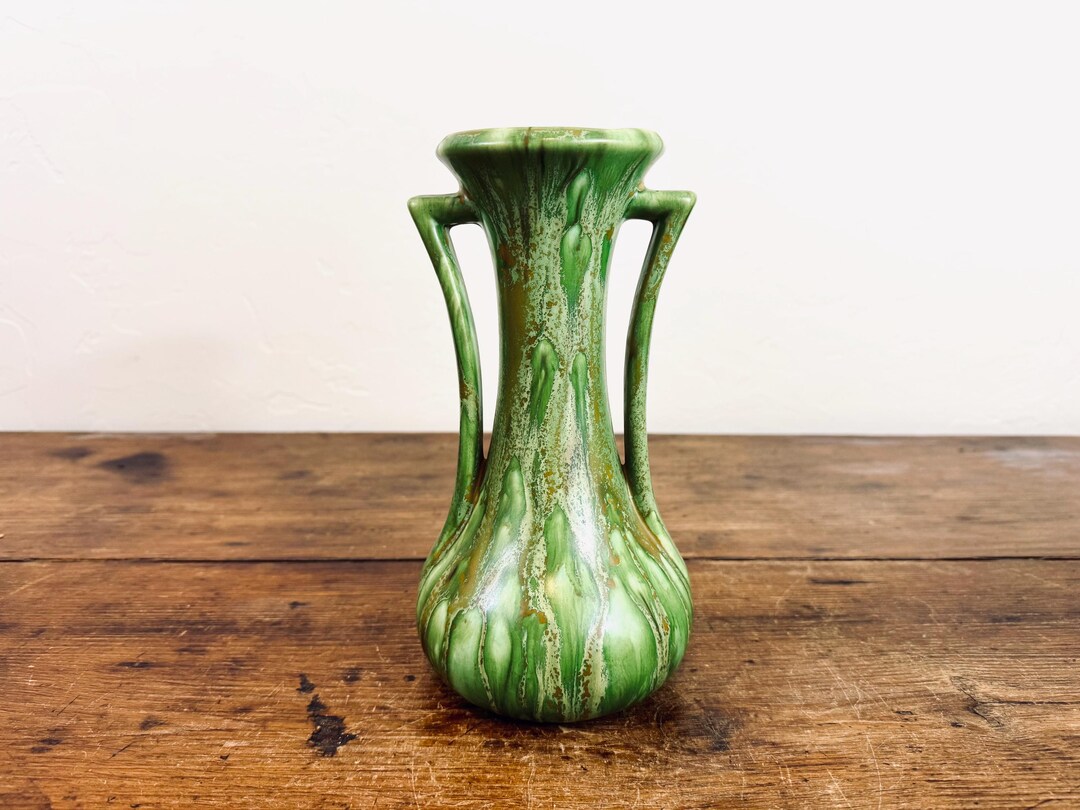 Vintage 9" Mid Century Drip Glaze Pottery Vase With Handles / Green ...