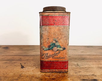 Antique Candy Tin / Thinshell Candies Chicago / Advertisement Rustic Orange Red Farmhouse Tin