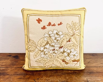 Vintage Floral Spring Needlepoint and Yellow Velvet Throw Pillow / Butterfly Summer Flower Leaf Garden Handmade Sewing Masterpiece