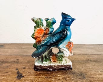 Vintage Blue Jay Chalkware Figurine Statue / Mid Century Japan Spring Bird Flower Decor