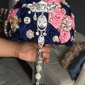 Navy blue, rose quartz and gold Brooch bouquet