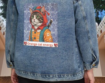 Denim Jacket: Orange Cat, Indigo Hmong Tribal Style, Boho Chic