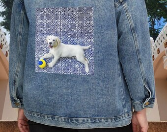 Indigo Hmong Denim Jacket: Playful Dog Print, Boho Women's Coat