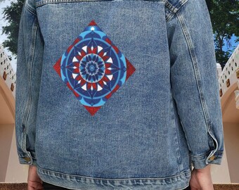 Denim Jacket: Blue Mandala Red Hmong Tribal Print - Boho Style