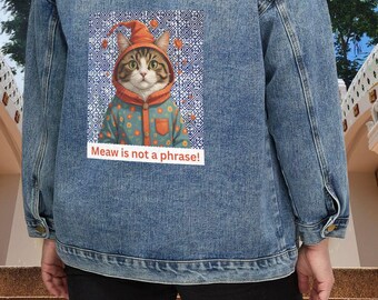 Denim Jacket: Indigo Hmong Pattern, 'Meow is Not a Phase' - Women's Tribal Style
