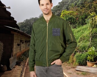 Embroidered Hmong Bomber Jacket: Recycled Polyester, Indigo Khajua Pattern