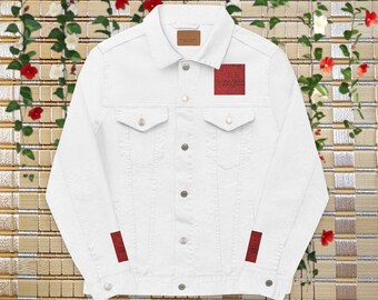Embroidered Denim Jacket Unisex | Hmong Khajua Pattern in Red | Boho Tribal Streetwear