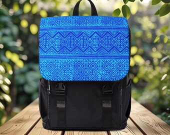 Hmong 'Kajua' Pattern Backpack: Blue Ethnic Boho Daypack
