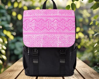 Hmong 'Kajua' Pattern Backpack: Pink Boho Travel Daypack