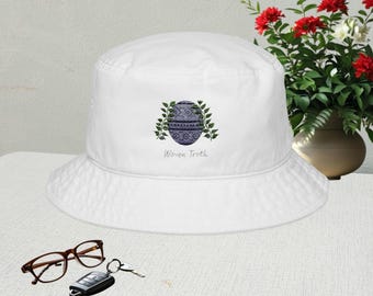 Embroidered Bucket Hat: Hmong Flower Pattern, Indigo Cotton Twill