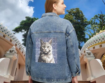 Denim Jacket: Indigo Hmong Tribal Design - Certified Cat Therapist