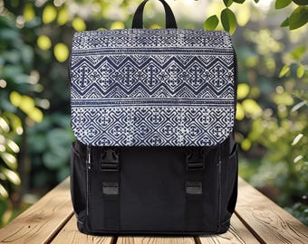 Hmong 'Kajua' Pattern Backpack: Indigo Boho Travel Daypack