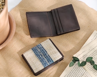 Hmong Batik Hemp Business Card Case: Leather Wallet, Tribal Design