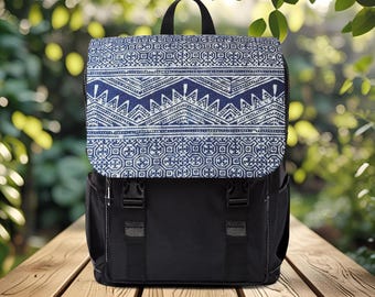 Hmong Mountain Pattern Backpack: Indigo Tribal Style Oxford Fabric Rucksack
