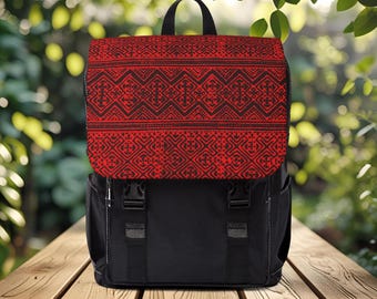 Hmong 'Kajua' Pattern Backpack: Red Ethnic Boho Daypack