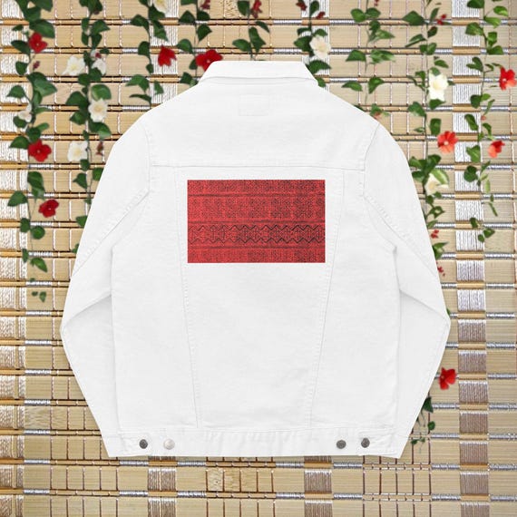 刺繍入りデニムジャケット（ユニセックス）｜モン族のカジュア柄（赤 