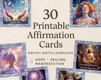 Hope & Healing Affirmation Cards – 30 Positive Quotes – Digital Download, Mindfulness, Self-Care, Motivation, Square Printable