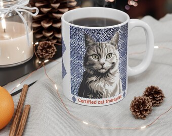 Cat Therapist Coffee Mug: Indigo Hmong Tribal Design, Boho Gift