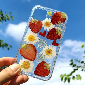 Pressed real dried flower strawberry phone case, iphone 15 14 13 12 11 pro max xr xs x se 7 8 plus case, samsung galaxy s23 s22 s21 s20 case