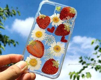 Pressed real dried flower strawberry phone case, iphone 15 14 13 12 11 pro max xr xs x se 7 8 plus case, samsung galaxy s23 s22 s21 s20 case