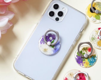 Pressed flower phone ring holder, dried flower phone grip cute, floral phone stand resin, handmade phone ring grip, unique gifts for her