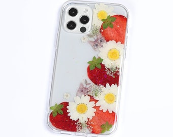 Pressed dried flower strawberry phone case, iphone se 7 8 plus x xr xs 11 12 13 14 15 pro max case, samsung galaxy s23 s22 s21 s20 fe case