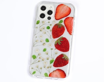 Pressed dried flower strawberry phone case, iphone 11 12 13 14 15 pro max se 7 8 plus xr xs x case, samsung galaxy s20 s21 s22 s23 case