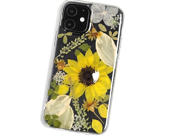 Pressed flower sunflower phone case, iphone se 7 8 plus x xr xs 11 12 13 14 15 pro max case, samsung galaxy s24 s23 s22 s21 s20 fe s10 case