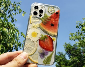 Pressed flower watermelon fruit phone case, iphone se x xr xs 11 12 13 14 15 pro max 7 8 plus case, samsung galaxy s20 s21 s22 s23 case