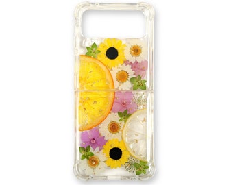 Pressed flower fruit phone case, unique floral design, samsung galaxy z flip fold 3 4 5 case, s24 s23 s22 s21 case, a35 a55 a34 a54 case