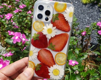 Pressed flower strawberry fruit phone case, iphone 11 12 13 14 15 pro max se 7 8 plus xr xs x case, samsung galaxy s20 s21 s22 s23 case