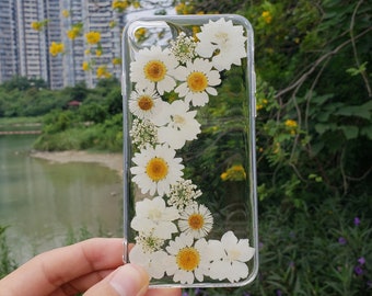 Pressed flower phone case, natural dried flower clear case, daisy iphone 15 14 13 pro max 12 mini se xr xs x 7 8 plus case