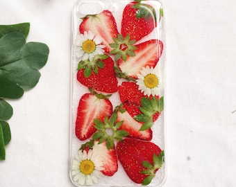 Pressed flower phone case, dried fruit strawberry iphone se x xr xs 11 12 13 14 15 pro max 7 8 plus case, samsung galaxy s21 fe s22 s23 case