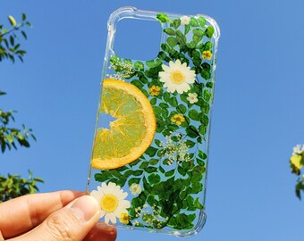 Fern Leaf & Orange Slice Pressed Flower Phone Case For iPhone SE XR XS 11 12 13 14 15 Pro Max, Samsung S21 S22 S23 S24, Google Pixel 6 7 8