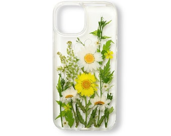 Coque de portable fleurs séchées pressées à la main, coque iphone se 7 8 plus x xr xs 11 12 13 14 15 pro max, coque samsung galaxy s20 s21 s22 s23 s24