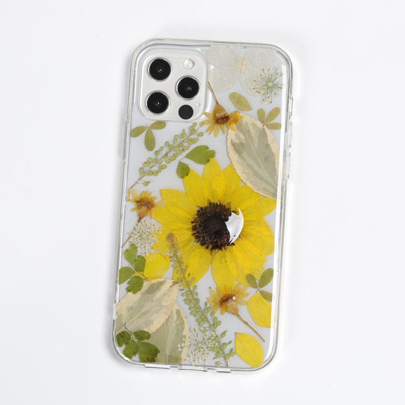 Pressed flower sunflower phone case, iPhone se 7 8 plus x xr xs 11 12 13 14 15 16 pro max case, samsung galaxy s25 s24 s23 s22 s21 s20case image 4