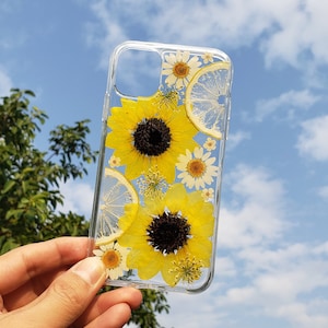 Pressed dried flower lemon sunflower phone case, iphone 15 pro max 14 13 12 11 xr xs x 8 plus case, samsung galaxy s20 s21 fe s22 s23 case