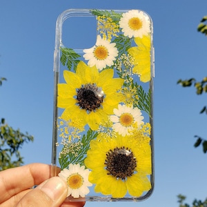 Coque de portable tournesol pressée fleurs séchées, coque iphone 16 pro max 15 14 13 12 mini 11 se x xr xs, coque samsung galaxy s25 s24 s23 s22 s21 fe
