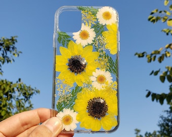 Pressed dried flower sunflower phone case, iphone 16 pro max 15 14 13 12 mini 11 se x xr xs case, samsung galaxy s25 s24 s23 s22 s21 fe case