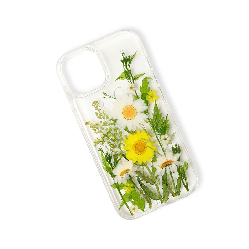 Natural style pressed daisy clear phone case compatible with various iPhone, Samsung and Google models.