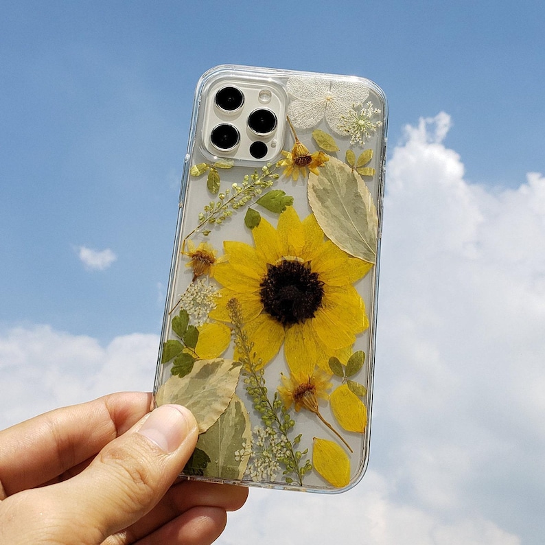 Pressed flower sunflower phone case, iPhone se 7 8 plus x xr xs 11 12 13 14 15 16 pro max case, samsung galaxy s25 s24 s23 s22 s21 s20case image 10