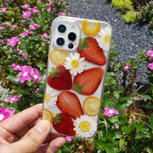 Pressed flower strawberry fruit phone case, iphone 11 12 13 14 15 16 pro max se xr xs x case, samsung galaxy s20 s21 s22 s23 s24 s25 case