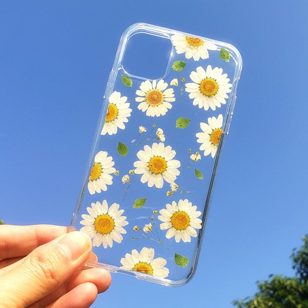 Pressed flower phone case, daisy iphone 15 14 13 12 11 pro max se xr xs x 7 8 plus case, samsung s23 s22 s21 s20 case, google pixel case