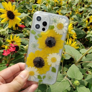 Sunflower dried pressed flower phone case, iphone 11 12 13 14 15 16 pro max xr xs x case, samsung galaxy s20 s21 s22 s23 s24 s25 ultra case