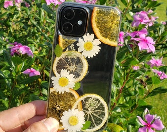 Pressed flower dried lemon phone case iphone se 7 8 plus x xr xs 11 12 13 14 15 pro max case, samsung galaxy a33 a53 s21 fe s22 s23 case
