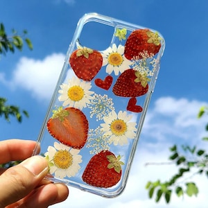 Handmade strawberry pressed flower phone case, iphone 15 14 13 12 11 pro max xr xs x se 8 plus case, samsung galaxy s24 s23 s22 s21 s20 case