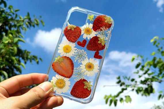 Handmade strawberry pressed flower phone case, iphone 16 15 14 13 12 11 pro max xr xs x se  case, samsung galaxy s25 s24 s23 s22 s21 case
